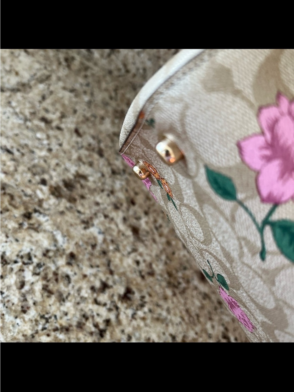 Coach Beige Signature Floral Satchel with Pink Trim and Green Leaves - Picture 8 of 8